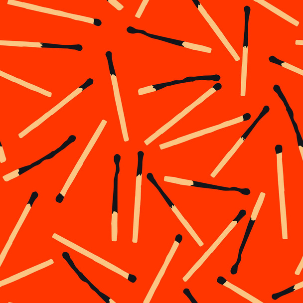 Seamless flat vector safety matches pattern. Wooden new and burnt, charred match sticks isolated on Orange background. Minimalistic matchstick symbol of Ignite, Fire, Burn, Flame, fire, Danger set - Vektor, obrázek