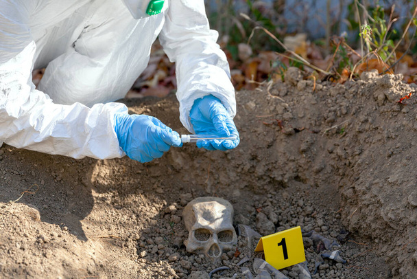 War crime investigation. Forensic science specialist at work. - Фото, изображение