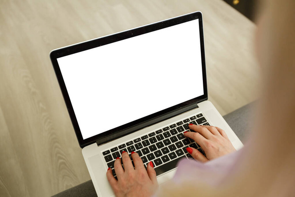 Vue arrière des mains de femme d'affaires occupées à utiliser l'écran blanc d'ordinateur portable au bureau, avec copyspace - Photo, image