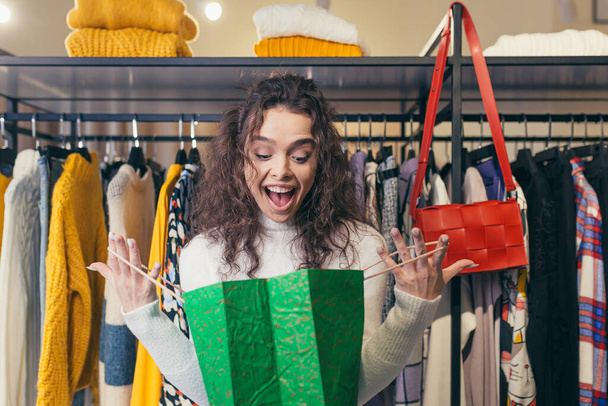 Beautiful girl buyer, buys beautiful stylish clothes in a boutique - 写真・画像