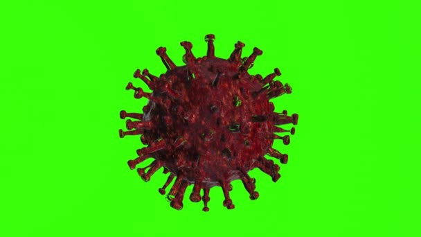 Πράσινο Μόριο του Coronavirus COVID-19 με κόκκινα πρωτεϊνικά καρφιά - 3D μοντέλο σε πράσινη οθόνη - Πλάνα, βίντεο