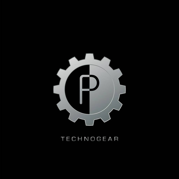 P Lettera Logo Techno Gear. Design vettoriale argento forma di ingranaggio concetto con lettera logo per la tecnologia, business, iniziale - Vettoriali, immagini