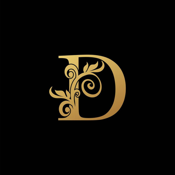 Golden Luxury Letter D logo icon, vintage design concept floral leaves with letter D gold color for initial, luxuries business, hotel, wedding service and more brand identity. - Vetor, Imagem