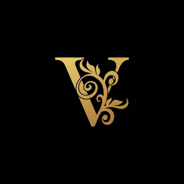 Значок логотипа Golden Luxury Letter V, концепция винтажного дизайна цветочные листья с золотым цветом буквы V для начального, роскошного бизнеса, отеля, свадебного сервиса и более фирменного стиля. - Вектор,изображение