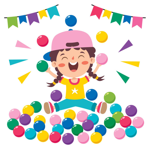Веселый ребенок, играющий с разноцветными шарами - Вектор,изображение