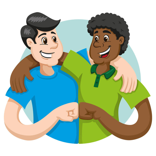 Ilustração abraço de amigos, amizade e companheirismo inter-racial. Contra o preconceito e a segregação. Ideal para catálogos, boletins informativos e guias de reciclagem - Vetor, Imagem