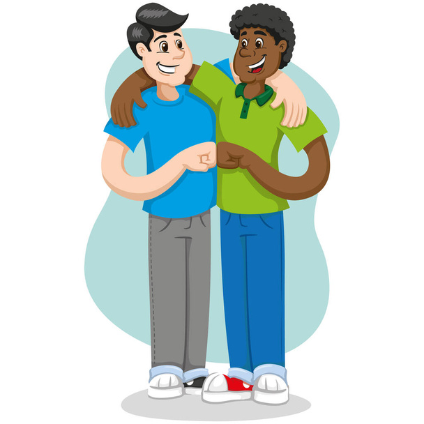 Illustration embrace of friends, friendship and interracial companionship. Against prejudice and segregation. Ideal for catalogs, newsletters and recycling guides - Wektor, obraz