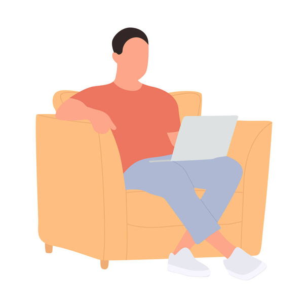 Ένας άνθρωπος κάθεται σε μια καρέκλα με ένα φορητό υπολογιστή. Απομακρυσμένη δουλειά από το σπίτι. Απομακρυσμένη εκπαίδευση. Έπιπλα σπιτιού. Χαλαρώνοντας σε μια καρέκλα με ένα φορητό υπολογιστή - Διάνυσμα, εικόνα