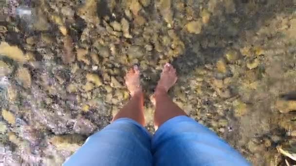 Κορίτσι στέκεται ξυπόλητο σε πέτρες ρηχό ποτάμι - Πλάνα, βίντεο