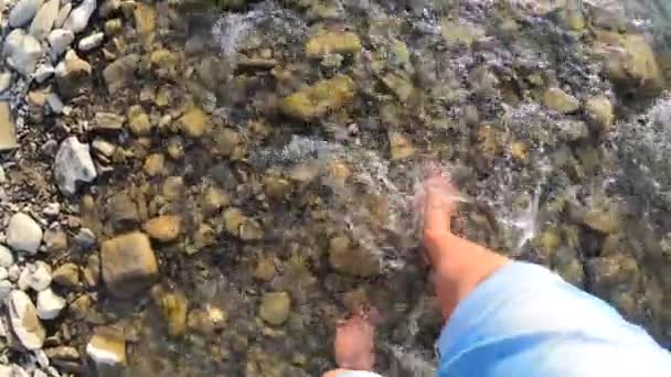 少女の浅い川の閉鎖の石の上を裸足で歩くと、晴れた夏の日 - 映像、動画