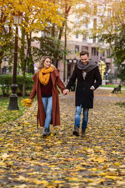 In love couple walking in the autumn park holding hands. Outdoor shot of a young couple in love walking along a path through a autumn park. Tinted image - Фото, изображение