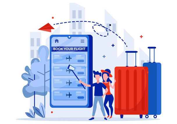 旅行スーツケース付きの若いカップルの小さな人々のイラストは、大きなスマートフォンの画面に行き、スマートフォンのアプリケーションを使用しています。スマートフォン旅行アプリのコンセプト。フライトとホテルの予約の検索 - ベクター画像