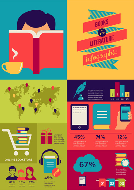 Reading books infographics, set of flat icons - Vector, Image