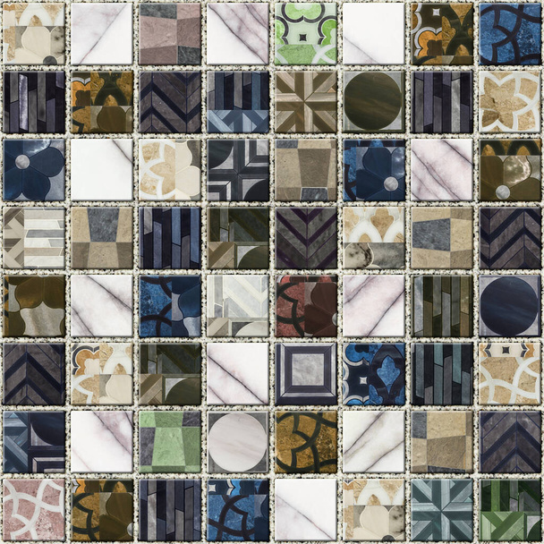 Soyut desenli renkli taş mozaik. Geometrik dikişsiz arkaplan dokusu. Duvar ve zemin dekorasyonu için elementName - Fotoğraf, Görsel
