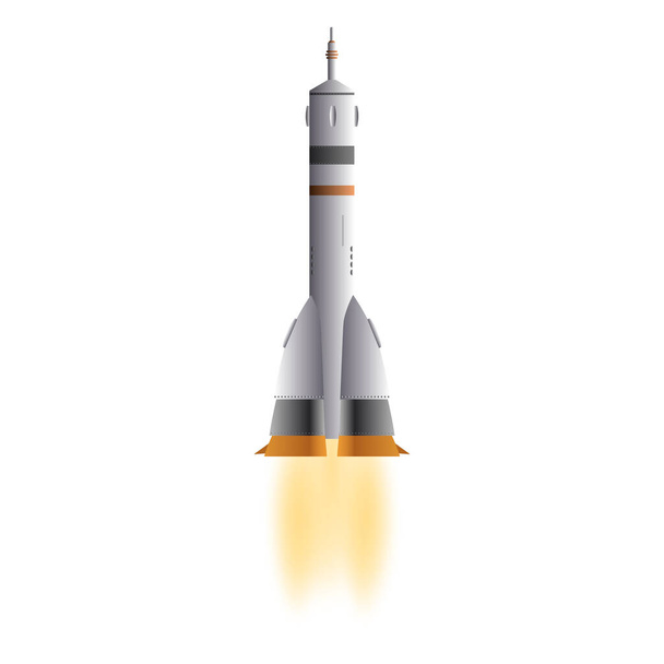 Long spaceship with flame from engines isolated on white. Flying rocket. Vector illustration. - Vector, Image