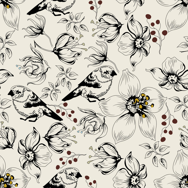 Seamless pattern with flowers and birds. The design is suitable for textiles, factories, modern fashion, prints, prints, gift wrapping, summer print, wall papers, websites. Vector illustration - Vektor, obrázek