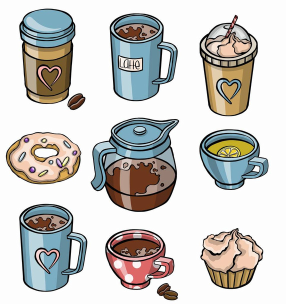 Illustration with still life of tea set and cupcakes. Vector illustration - Vector, Image