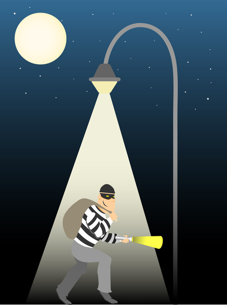 Thief creeping under full moon street lamp - Vector, Image