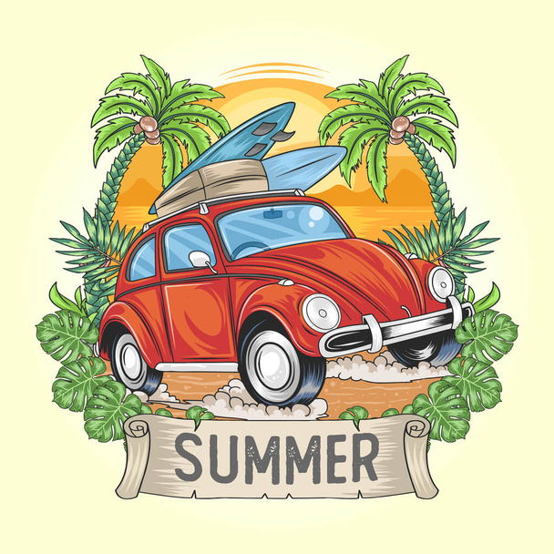surfista de verano y coche con cocotero vector de obras de arte - Vector, Imagen