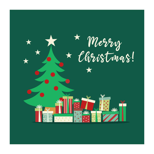 Geschenk, Geschenkbox, Weihnachtsgeschenk-Set, Weihnachtsbaum. Grüner Weihnachtsbaum als Symbol für ein frohes neues Jahr, flache Vektorabbildung, isolierte Objekte. - Vektor, Bild