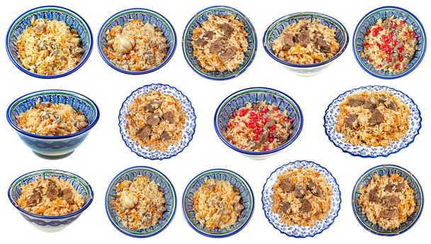 conjunto de vários pilaf cozido (prato asiático central de arroz com carne e vegetais) em tigela oriental local isolado em fundo branco - Foto, Imagem
