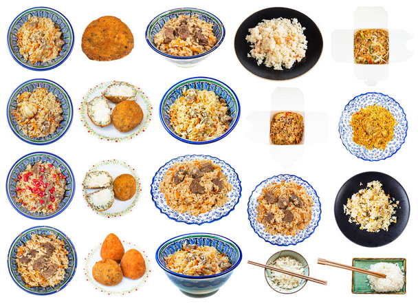 set van verschillende gerechten van rijst geïsoleerd op witte achtergrond - Foto, afbeelding