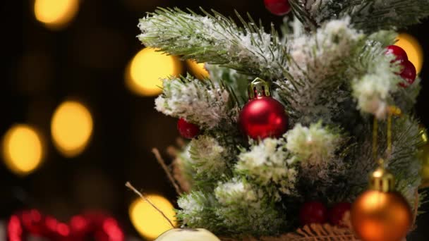 χριστουγεννιάτικα φώτα και διακοσμημένο χριστουγεννιάτικο δέντρο με χιόνι σε κλαδιά closeup - νέα χρονιά ή διακοπές έννοια διακόσμηση - Πλάνα, βίντεο