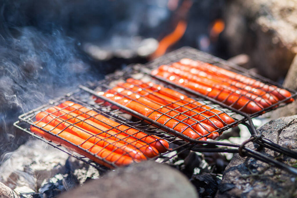 Grilling sausages on barbecue grill. Picnic in forest. - Φωτογραφία, εικόνα