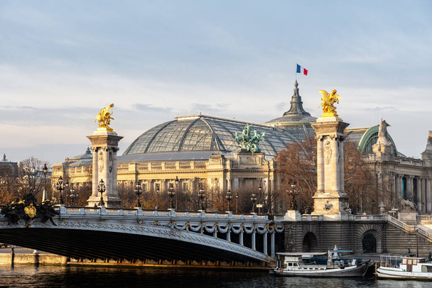 Alexandre III bridge and Grand Palais at golden hour in Paris - France - Photo, image