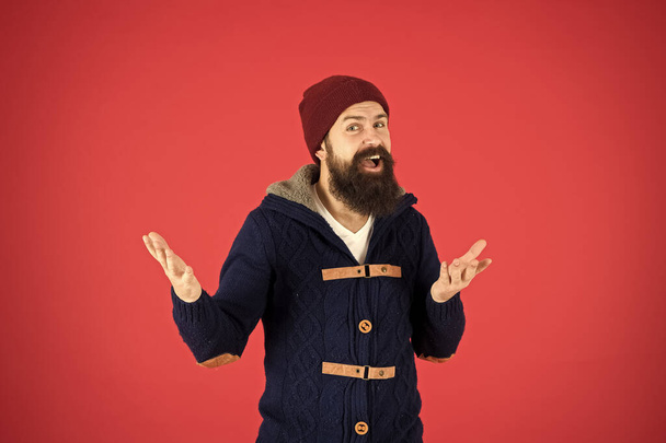 Full of happiness. brutal hipster in hat. happy bearded man in knitted jacket. you need to dress warmly. male winter fashion. take care of beard hair in cold weather. autumn and winter collection - Foto, immagini