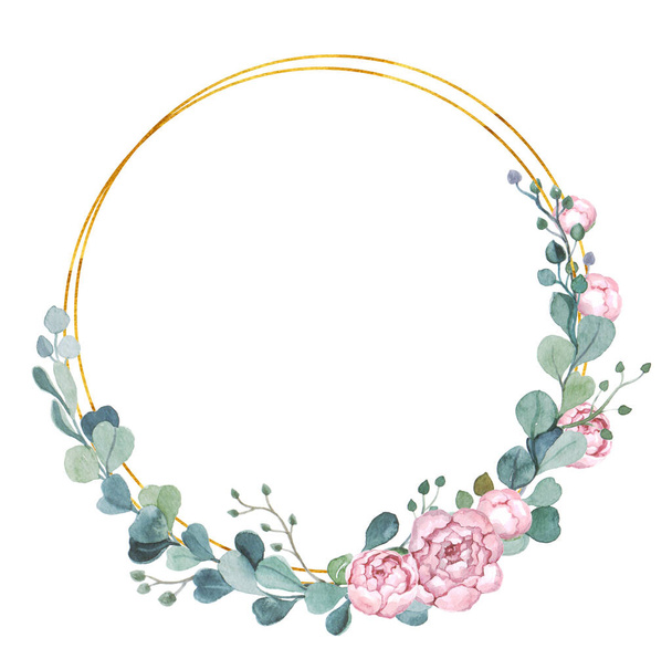Acuarela marco de eucalipto lindo sobre el fondo blanco. Ilustración para la boda. Clipart de rosas rosadas. - Foto, Imagen