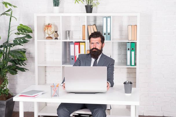 Man serious accountant in office online business laptop, cloud storage concept - 写真・画像