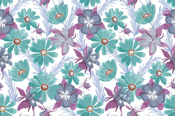 Vector floral seamless pattern. Turquoise and purple flowers. - Vector, afbeelding