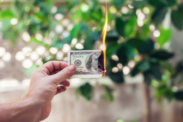 Fire burn one hundred dollars in hand - Foto, Imagem