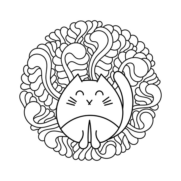 Cute Cat kolorowanki strony książki i elementów kwiatowych. Sztuka bazgrołów. Antystres dla dorosłych i dzieci z kwiatowym tłem na relaks. Skład wektora okrągłego - Wektor, obraz