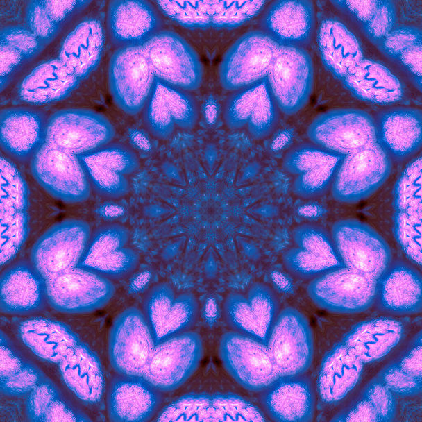 abstract square background of pattern of a kaleidoscope. Pink blue black background fractal mandala. abstract kaleidoscopic arabesque. geometrical ornament pattern - Photo, Image
