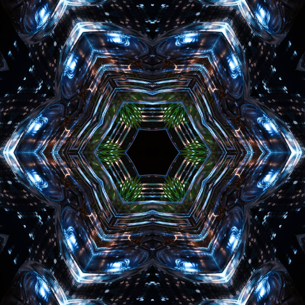 abstract square background of pattern of a kaleidoscope. white blue black background fractal mandala. abstract kaleidoscopic arabesque. geometrical ornament pattern - Photo, Image