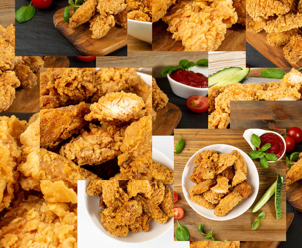Panierte Fried Chicken Food Collage. Verschiedene Hot Crispy Chicken Nuggets Kollektion, verschiedene Filet Strips Mix, Fleischstücke in Semmelbrösel Sortiment - Foto, Bild