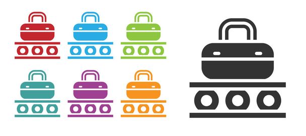 Nastro trasportatore dell'aeroporto nero con bagaglio passeggeri, valigia, borsa, icona del bagaglio isolata su sfondo bianco. Set icone colorate. Vettore. - Vettoriali, immagini