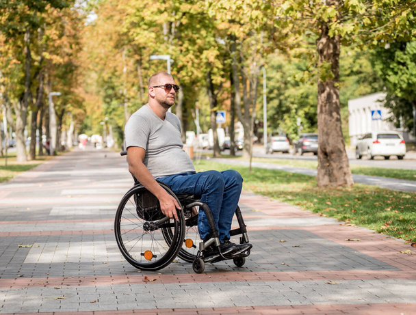 Handicapped man in wheelchair walk at the park alley - Fotoğraf, Görsel