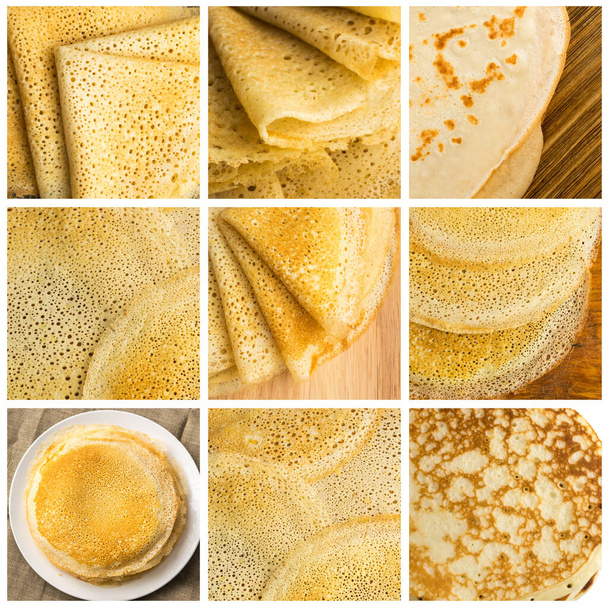 Collage de tortitas. Colección de crepe casera varios, Diferente mezcla de flapjack, Surtido de panqueques - Foto, imagen