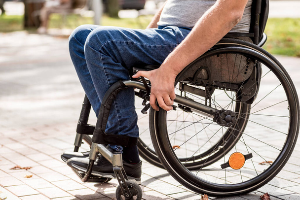 Handicapped man in wheelchair walk at the park alley - Zdjęcie, obraz