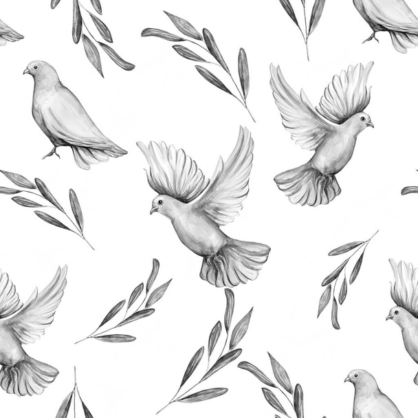   Watercolor seamless pattern of dove bird. - Photo, Image