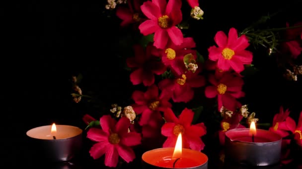 Kaarsen en rode bloemen voor Memorial Day. De vlam van een brandende kaars in het donker. Een minuut stilte. Dag van Herinnering. Herdenkingsdag. Verdriet. Begrafenisdiensten. Open het vuur. Video. - Video