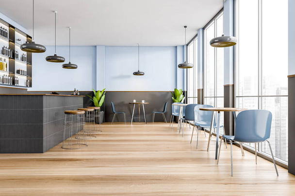 Blue and black cafe interior with table and chairs, bar counter with bottles, furniture near window on wooden floor, skyscrapers view. 3D rendering, no people - Фото, зображення