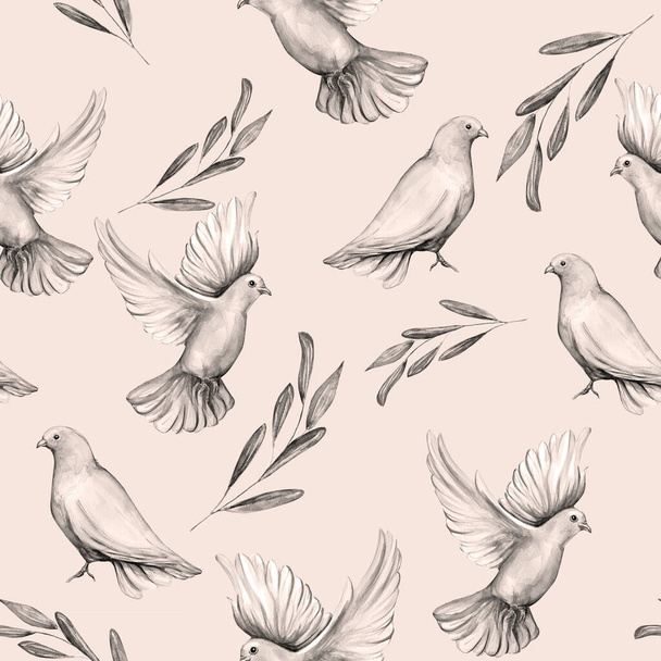   Watercolor seamless pattern of dove bird. - Photo, Image
