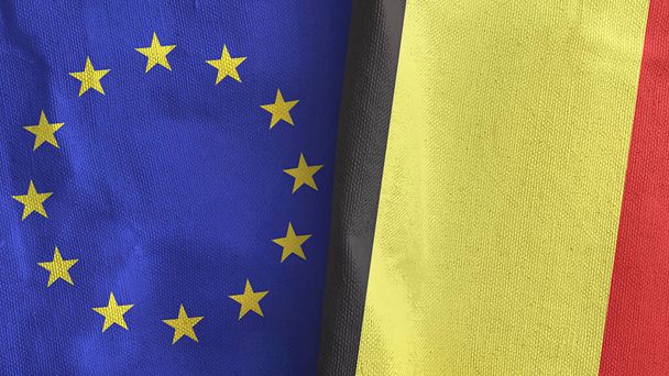 ベルギーと欧州連合(EU)の2つのフラグ繊維布3Dレンダリング - 写真・画像