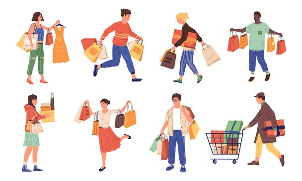 Люди ходят по магазинам Покупатели мультфильмов с сумками и телегами. Мужчины или женщины осуществляют покупки в магазине одежды и супермаркете. Мужчина и женщина покупают обувь или одежду, праздничные подарки, векторный набор - Вектор,изображение