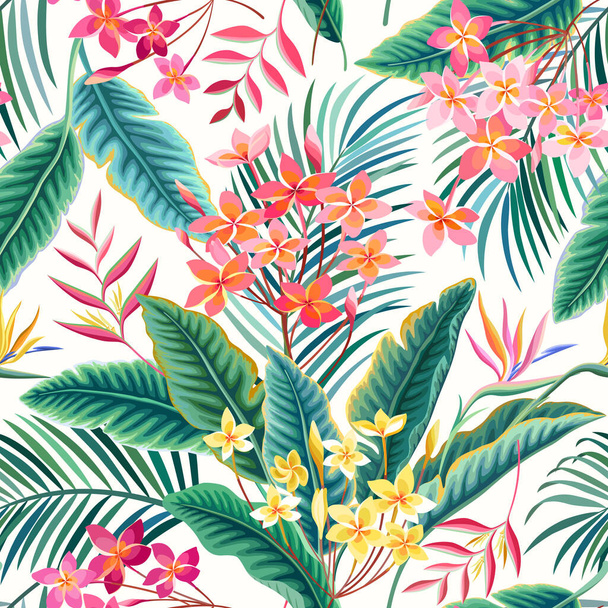 seamless floral pattern with tropical leaves and flowers on white background - Vector, afbeelding