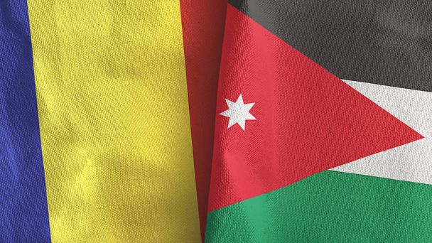 Jordania y Rumanía dos banderas de tela textil 3D renderizado - Foto, imagen